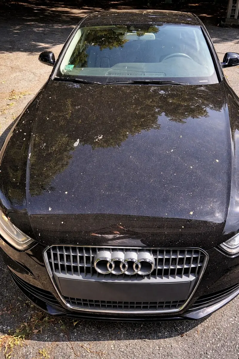 La stessa Audi prima del trattamento: cofano coperto di polvere e macchie